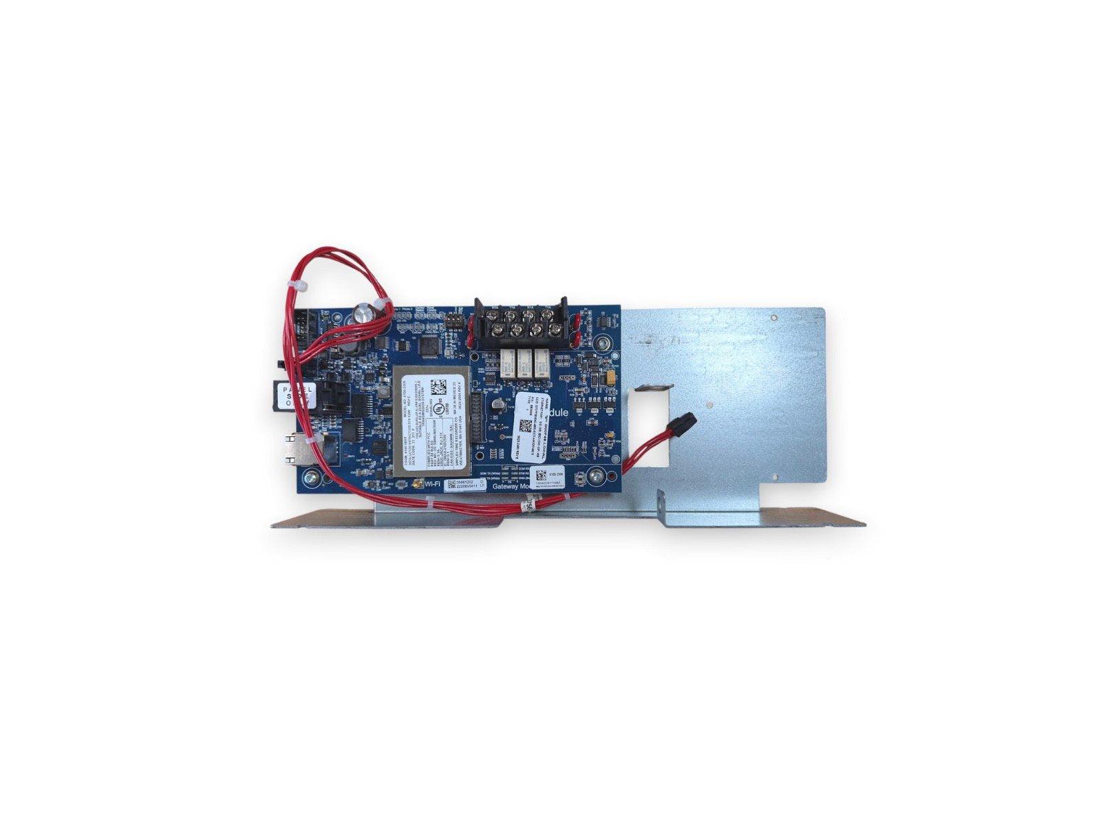 Fire alarm gateway module with Wi-Fi, red wiring, and metal bracket for system integration
