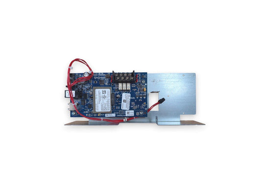 Fire alarm gateway module with Wi-Fi, red wiring, and metal bracket for system integration
