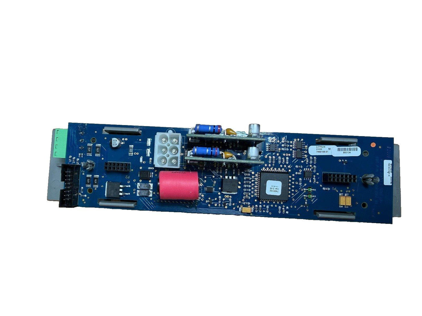 Blue fire alarm control panel circuit board with capacitors, resistors, and connectors for commercial use