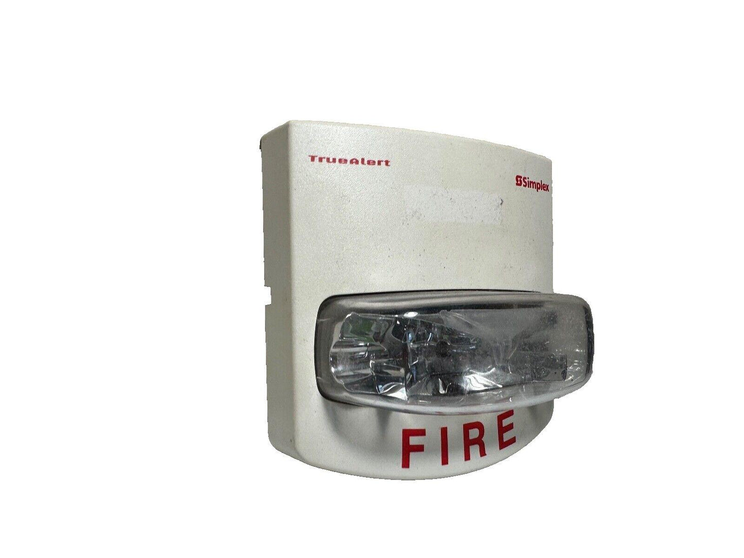 Simplex TrueAlert fire alarm strobe with red FIRE label, white housing, and clear lens for emergency signaling.