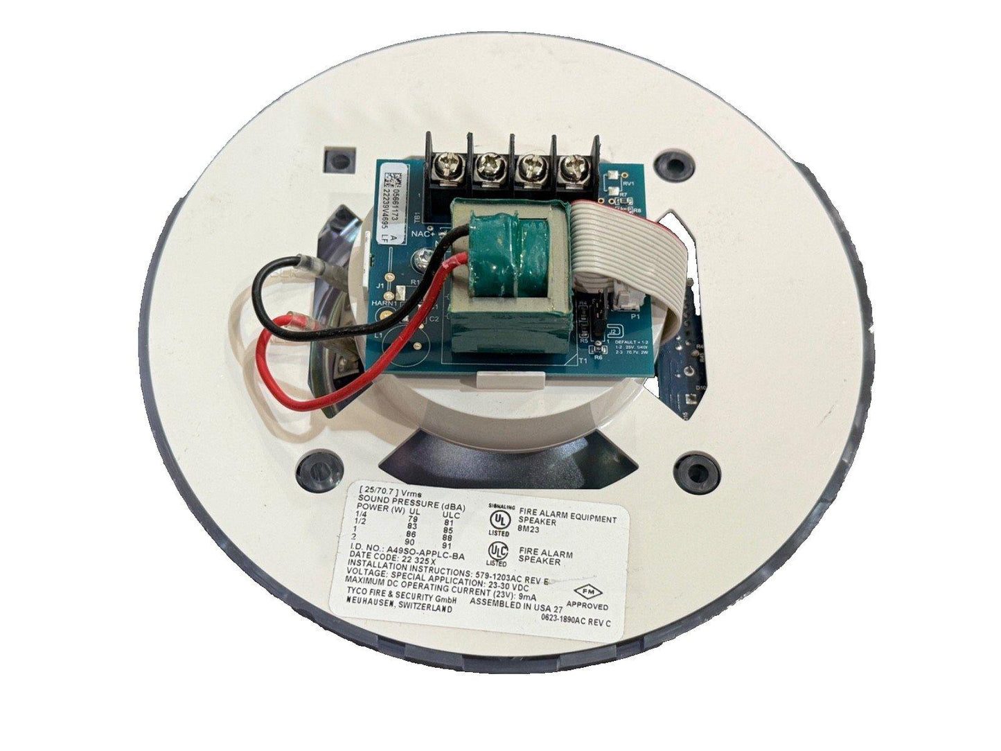 Fire alarm speaker with wiring terminals and UL listed label for commercial safety systems