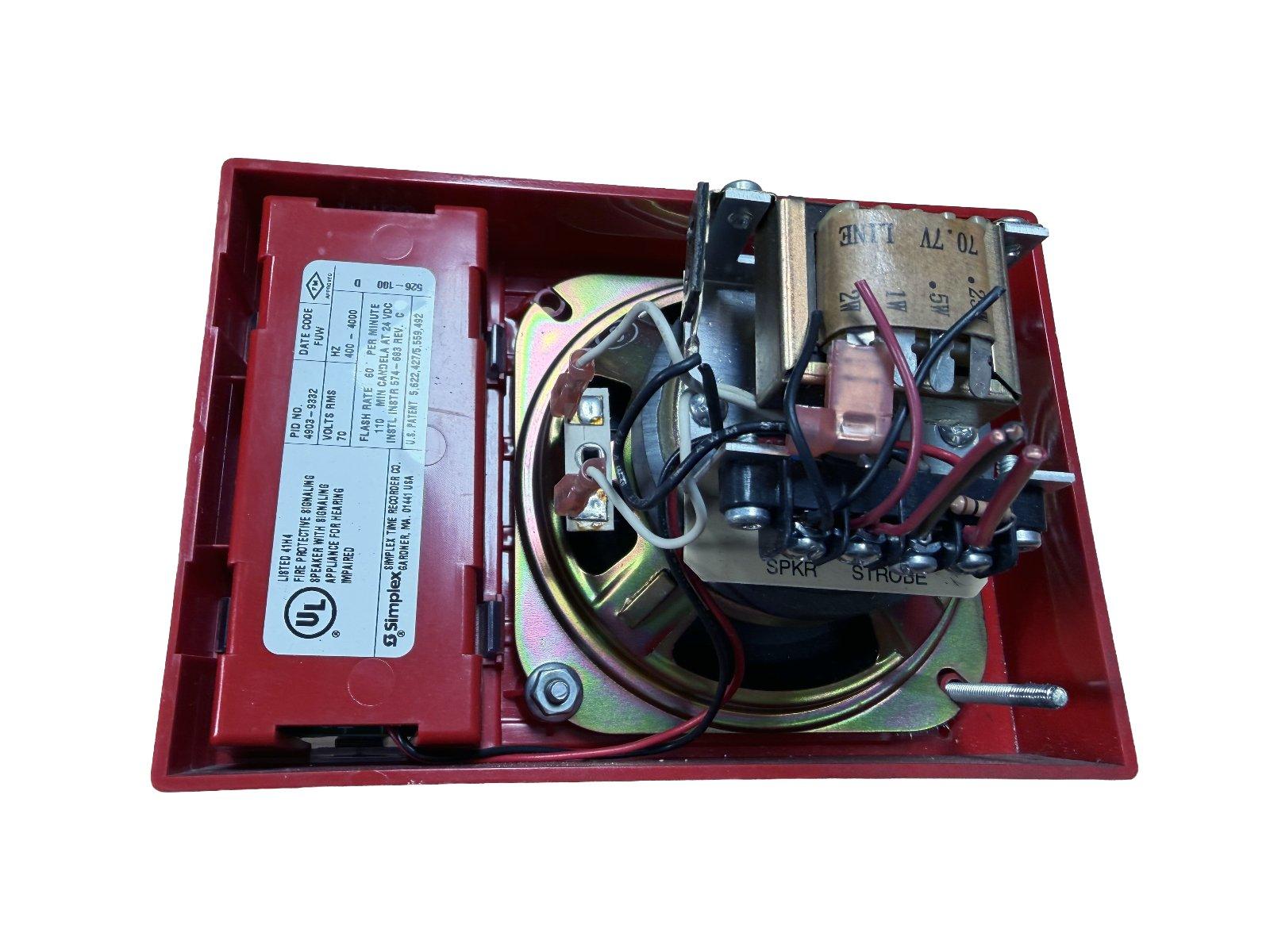 Red fire alarm strobe speaker with internal wiring and UL label, for fire safety systems