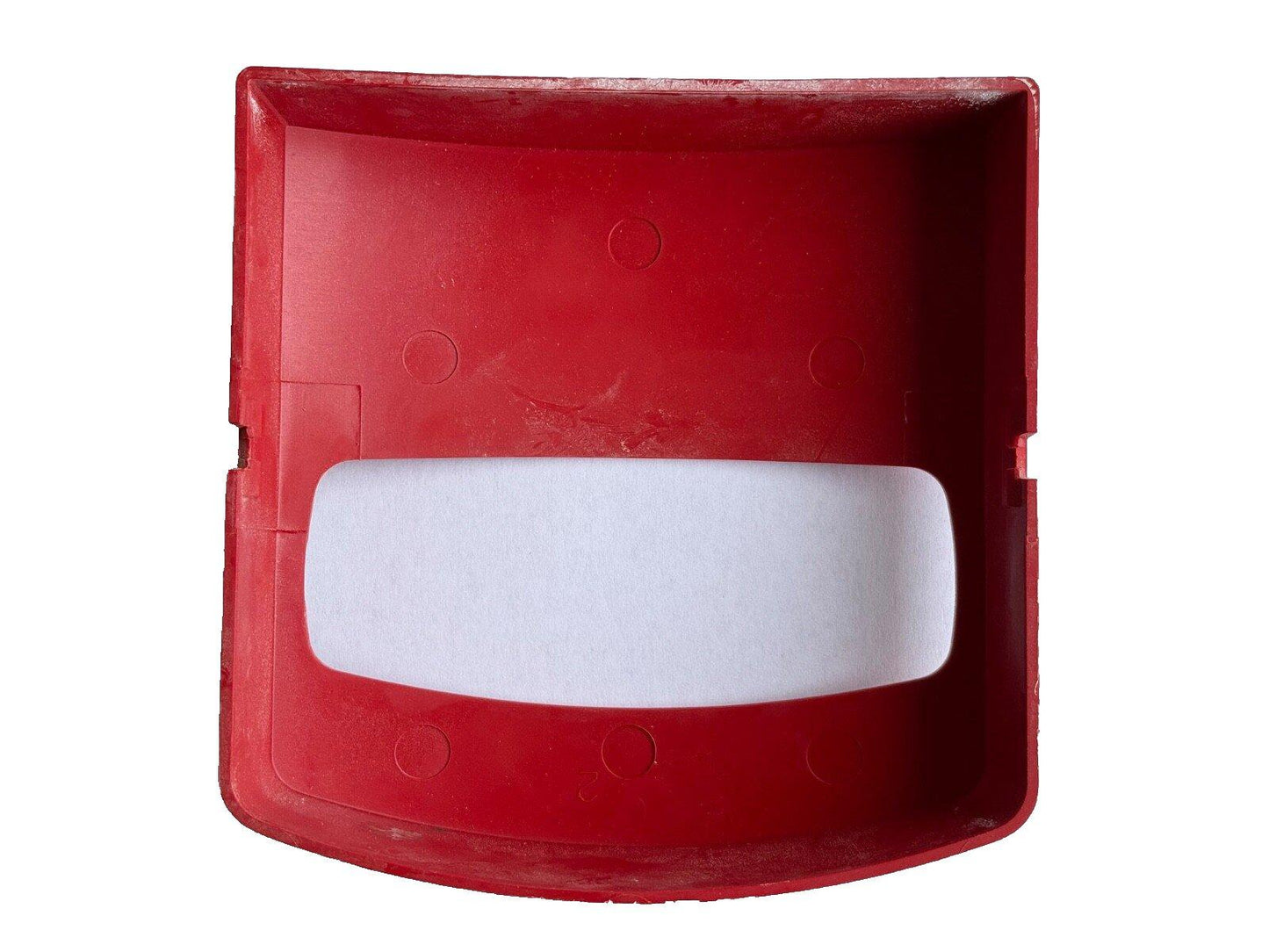 Red fire alarm strobe light cover with white lens, fire safety equipment