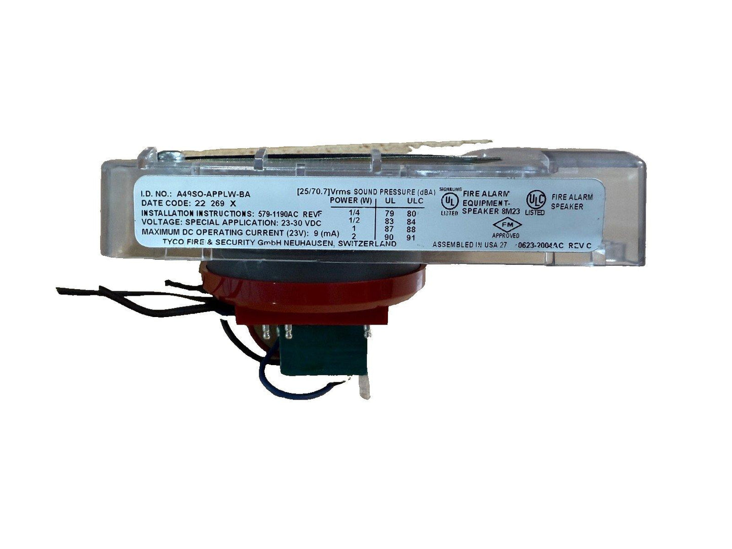UL Listed fire alarm speaker with wiring, labeled for 23-30 VDC operation and sound pressure specs