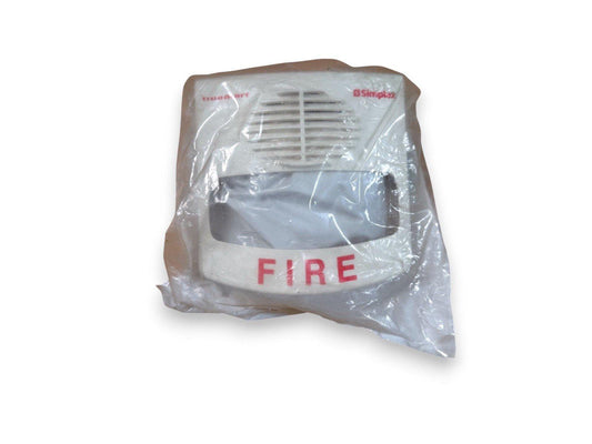 Simpler TrueAlert fire alarm horn strobe in plastic wrap, white with red FIRE label