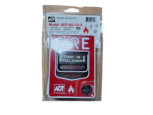 Red ADT-BG-12LX fire alarm addressable pull station in packaging, featuring clear push and pull instructions.