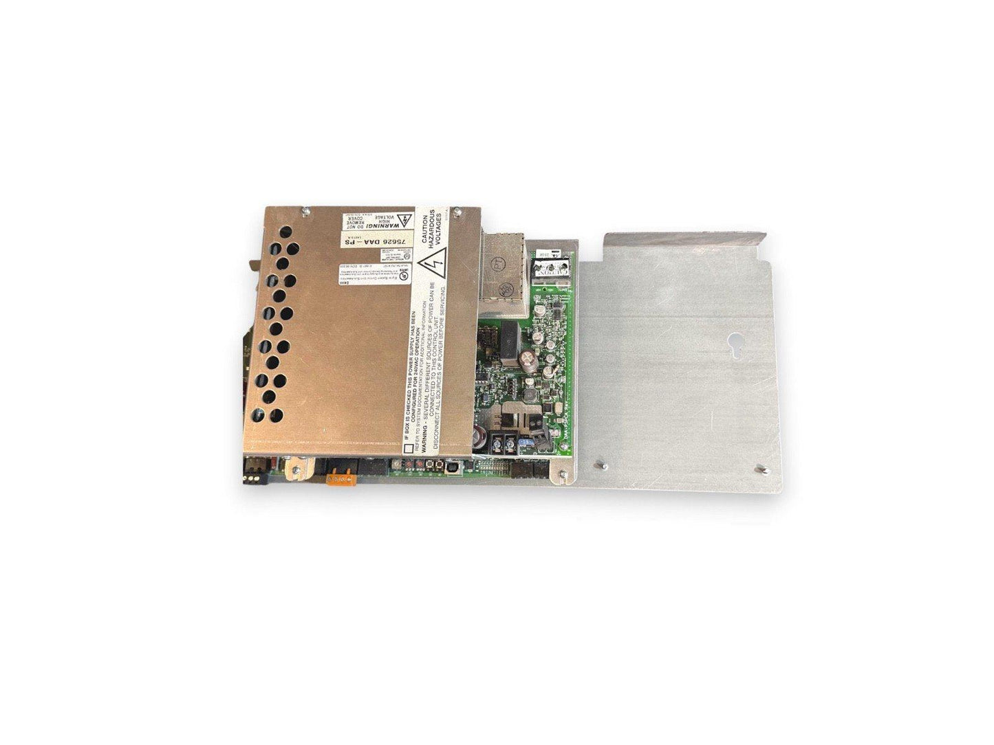 Fire alarm control panel power supply module with circuit board and warning labels