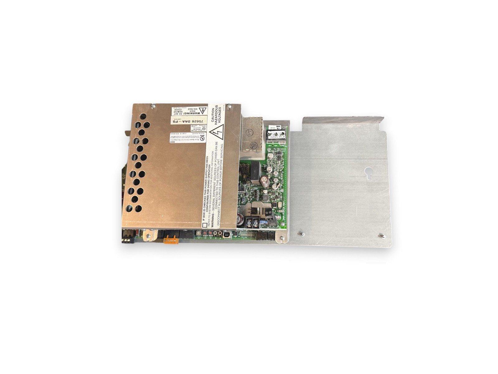 Fire alarm control panel power supply module with circuit board and warning labels