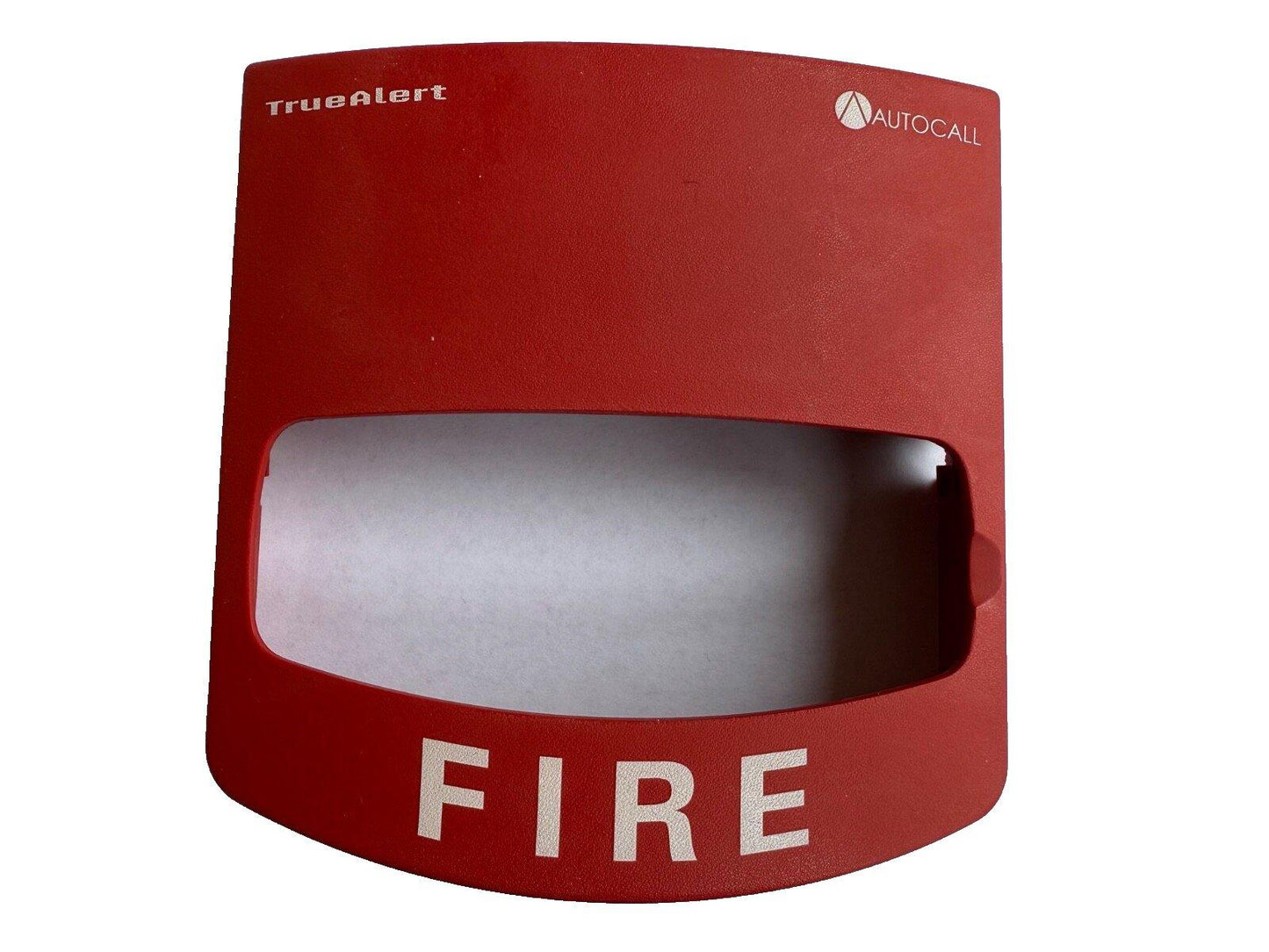 Red TrueAlert fire alarm cover with AUTOCALL logo and FIRE label for fire safety systems