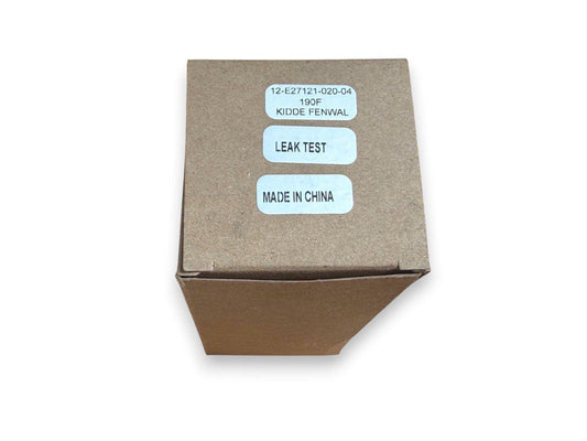 Kidde Fenwal fire alarm component box with leak test label, model 12-E27121-020-04, made in China