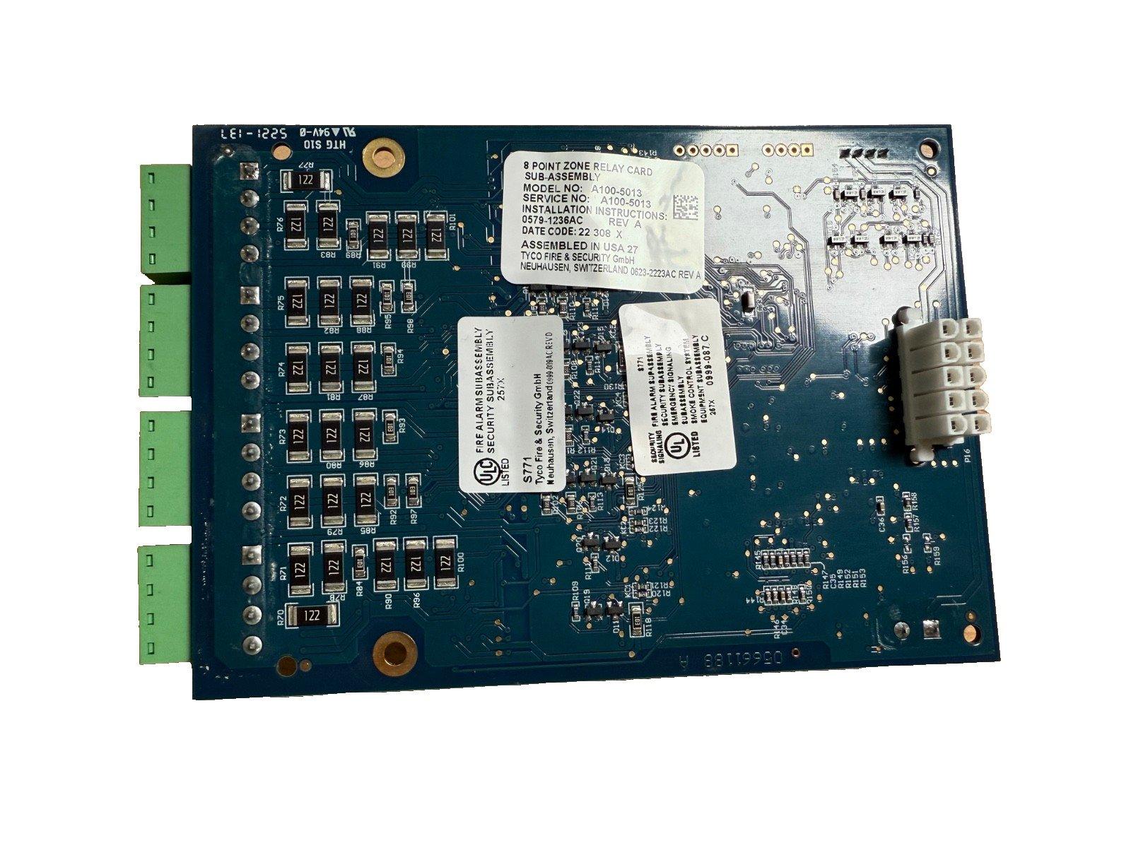 8 Point Zone Relay Card for fire alarm systems, model A100-5013, with green terminal blocks and UL listing