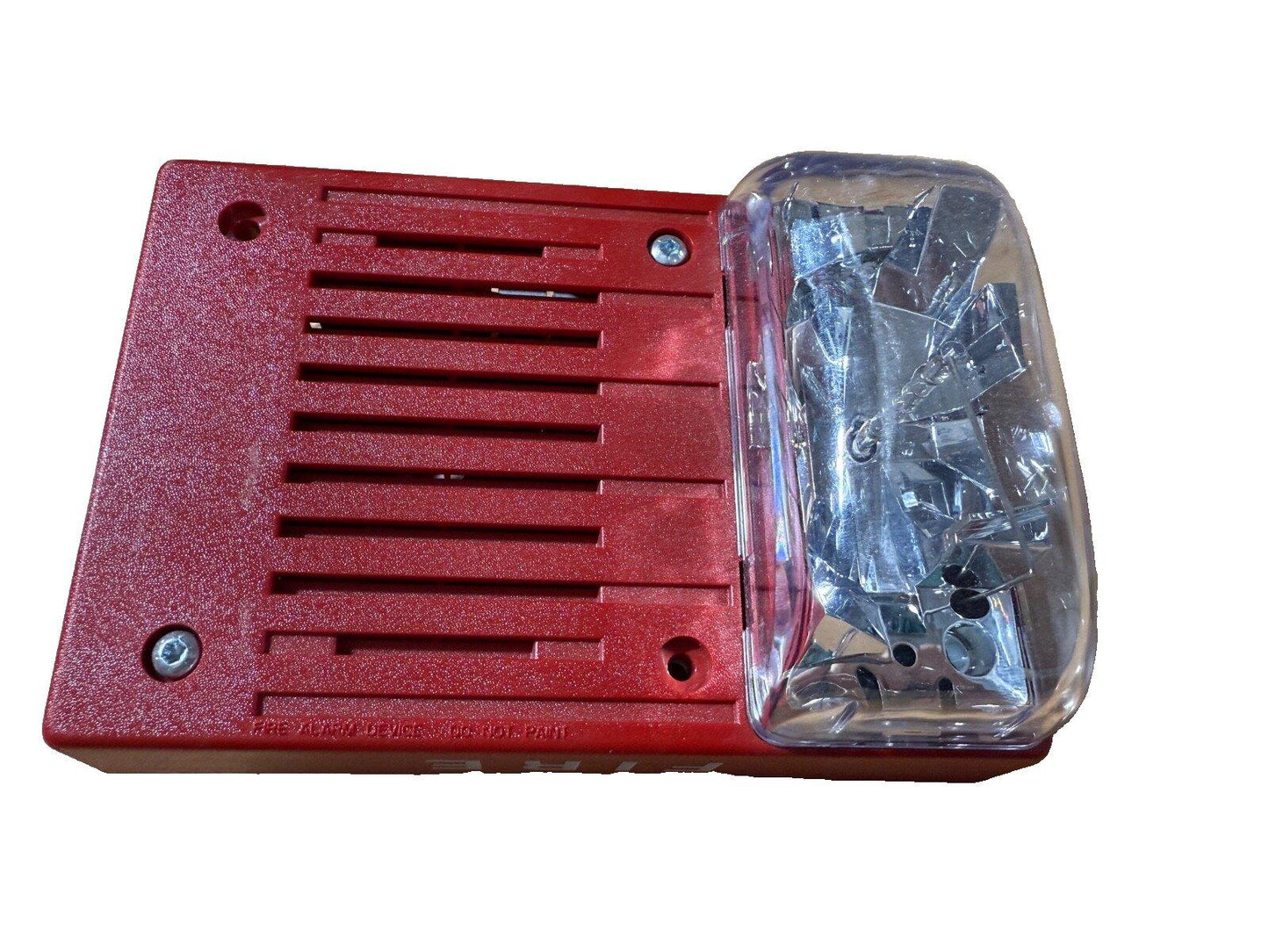 Red fire alarm horn strobe with clear lens, used fire safety equipment