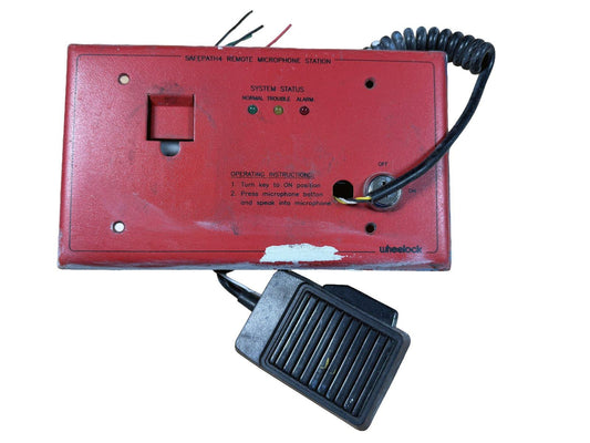Red Wheelock Safepath4 remote microphone station with footswitch for fire alarm systems