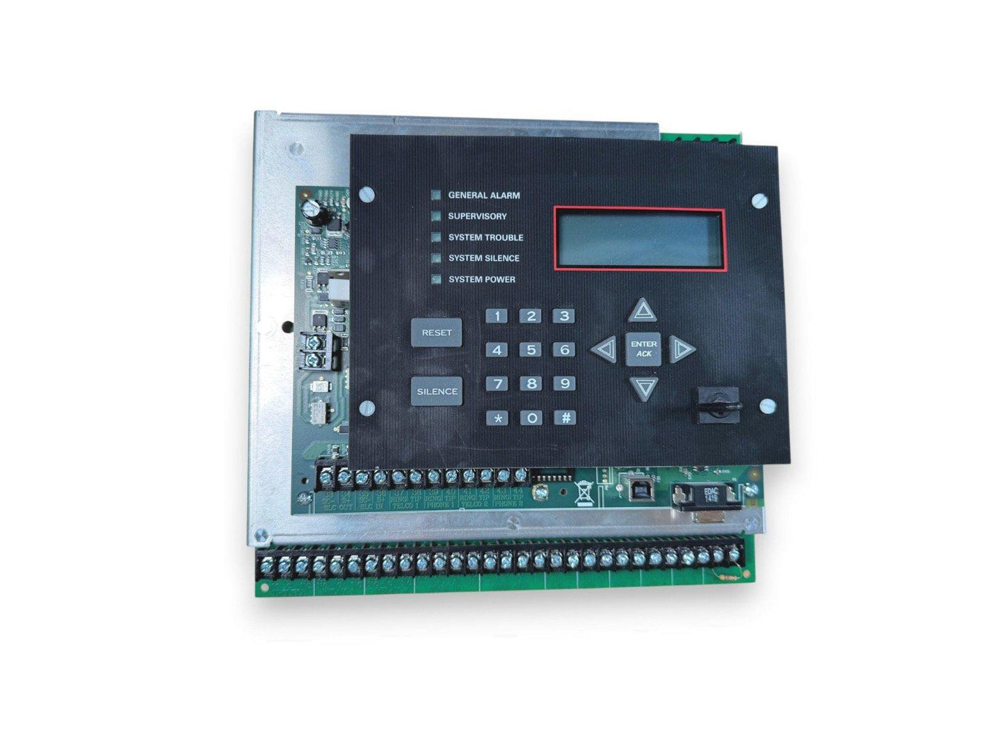 Fire alarm control panel with keypad, LCD display, and system status indicators for general alarm, trouble, and power