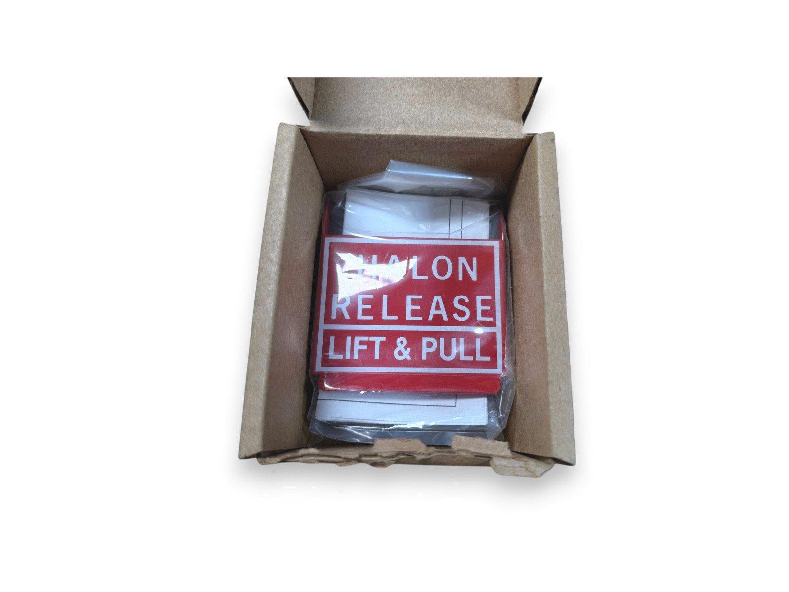 Halon Release Lift & Pull fire alarm sign in box, new safety equipment for fire protection systems