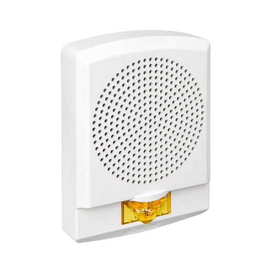 White fire alarm device with yellow strobe light and perforated speaker grille for safety alert