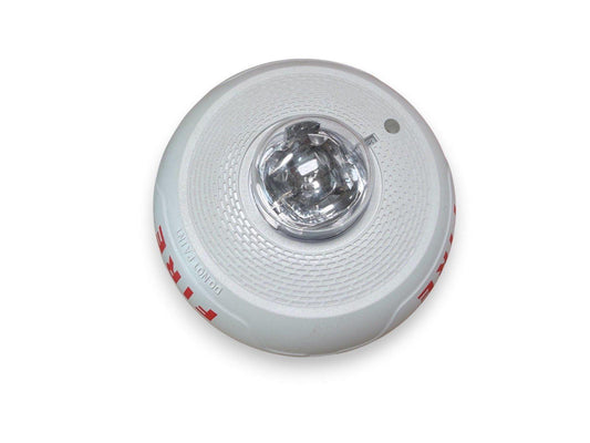 White fire alarm strobe light with red 'FIRE' text, ceiling-mounted emergency signal device