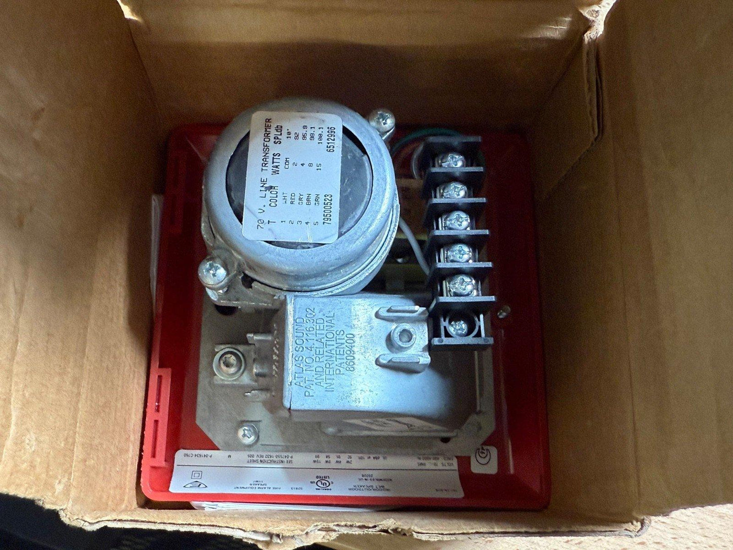 Atlas Sound fire alarm transformer with terminal block, 70V line, in red housing, new surplus equipment