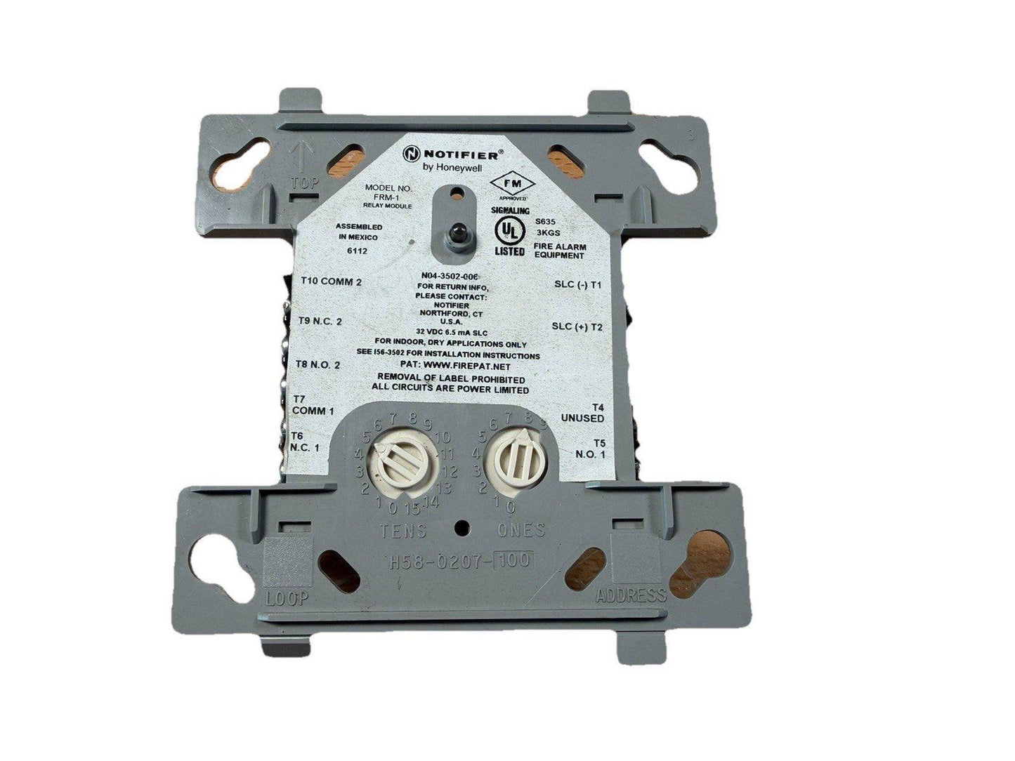Notifier FRM-1 relay module for fire alarm systems, UL listed, with terminal connections and address dials