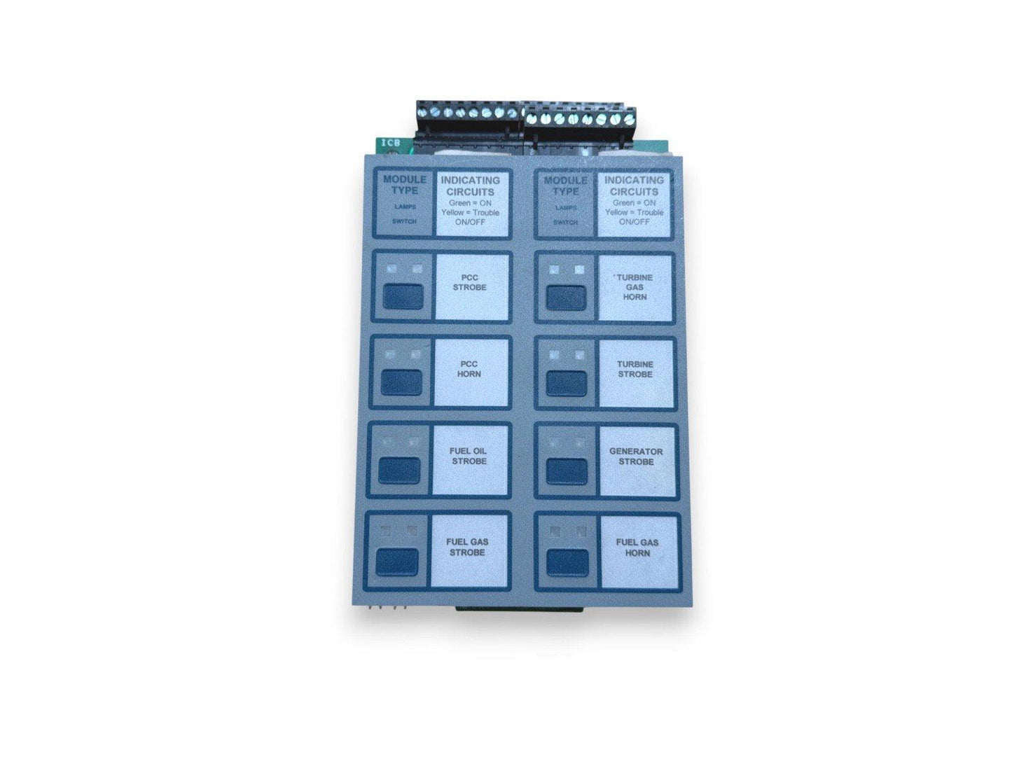 Fire alarm control module with labeled indicating circuits and switches for PCC, turbine, fuel, and generator systems