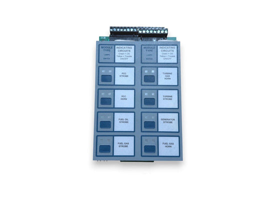 Fire alarm control module with labeled indicating circuits and switches for PCC, turbine, fuel, and generator systems