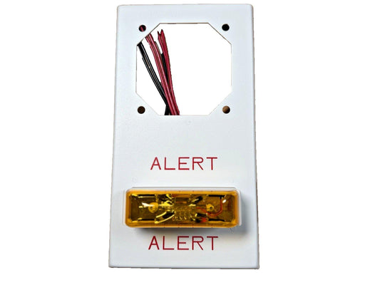 White fire alarm alert panel with yellow strobe light and red/black wires, labeled ALERT