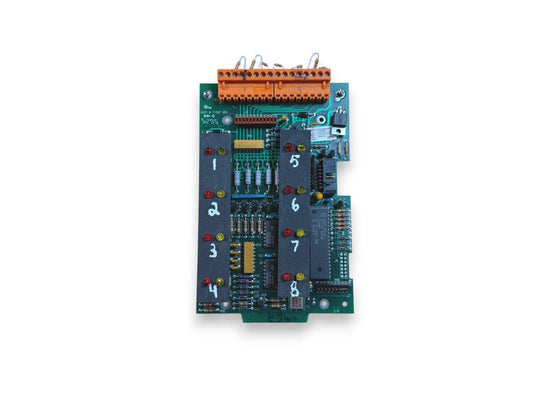 Fire alarm control panel circuit board with numbered zones and indicator LEDs