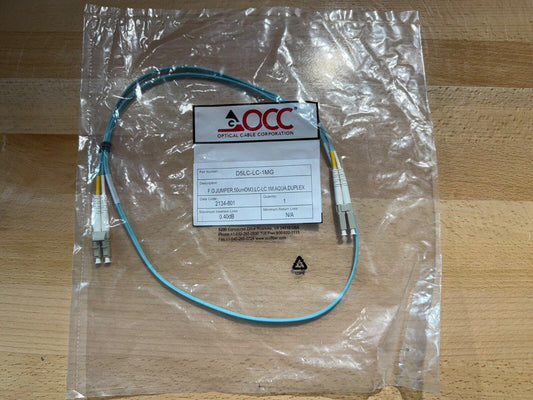 OCC D5LC-LC-1MG fiber optic jumper cable, 1m duplex, OM3 aqua, LC connectors, new in sealed bag