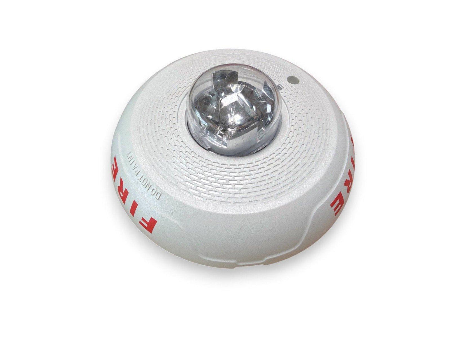 White fire alarm strobe light with red FIRE label and clear lens, for commercial safety systems