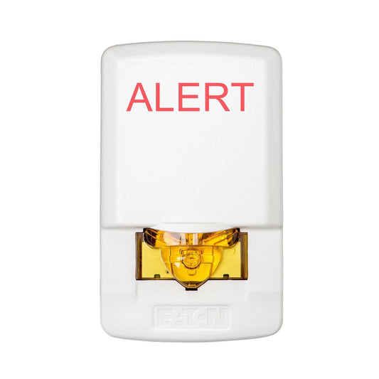 White fire alarm device with red ALERT text and amber strobe light, for commercial or home safety systems.