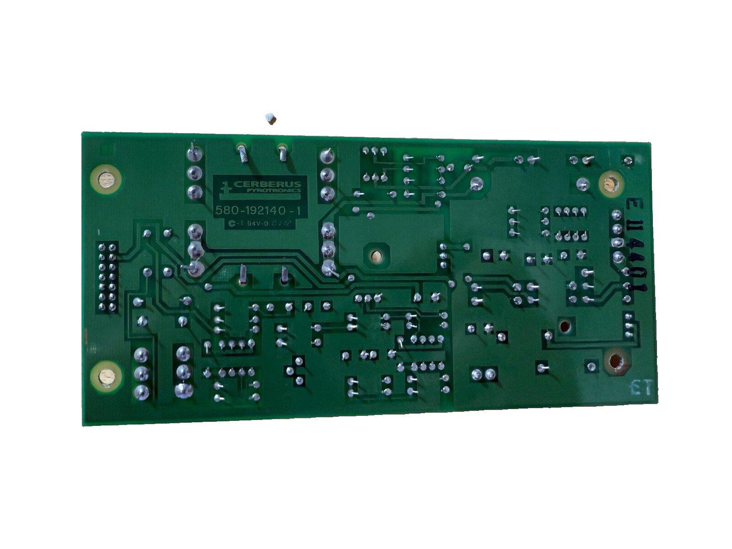 Cerberus Pyrotronics fire alarm control board, model 580-192140-1, green PCB with soldered components