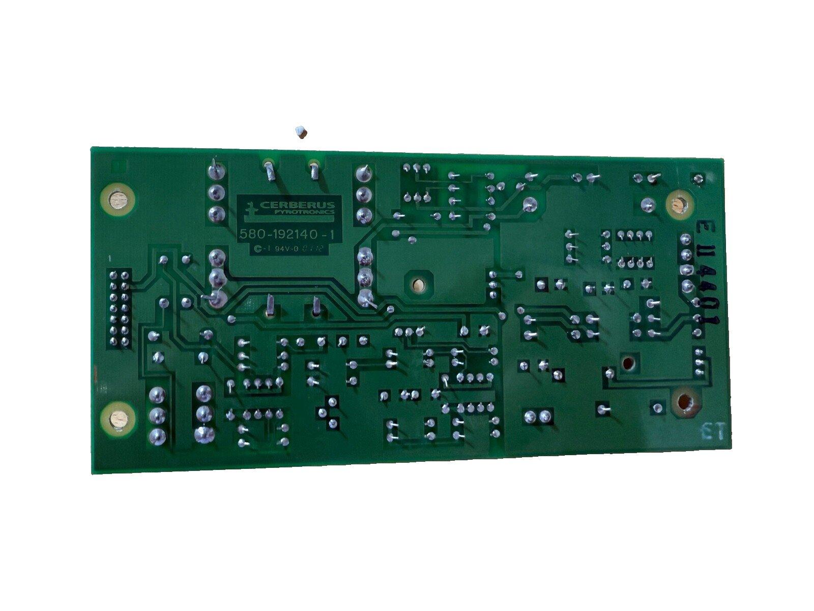 Cerberus Pyrotronics fire alarm control board, model 580-192140-1, green PCB with soldered components
