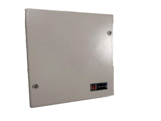 Simplox fire alarm control panel, white metal enclosure with mounting holes, used fire safety equipment
