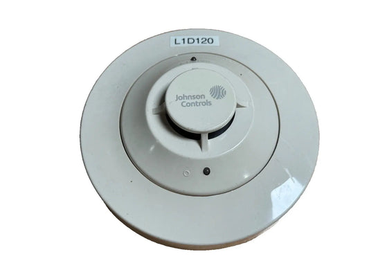 Johnson Controls 2951J fire alarm smoke detector head and base in white, featuring a round design and label.