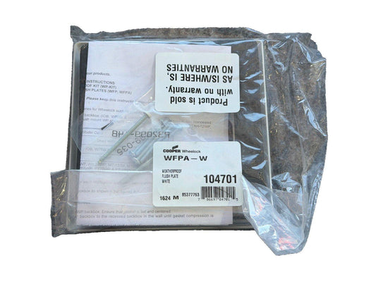 Cooper Wheelock WFPA-W weatherproof flush plate, white, in sealed packaging with instructions and screws