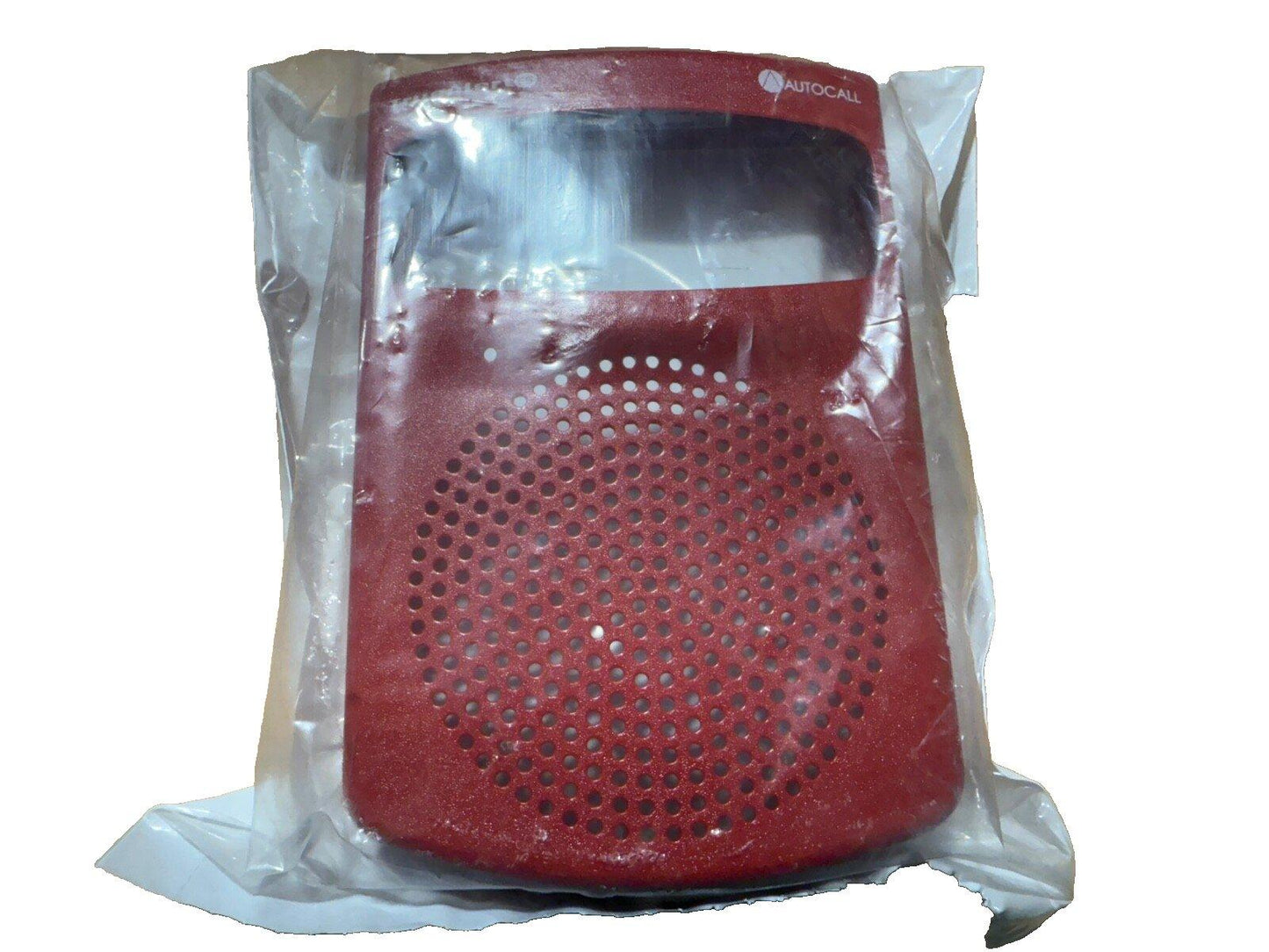Red Autocall fire alarm speaker in plastic wrap, perforated grille, new surplus equipment