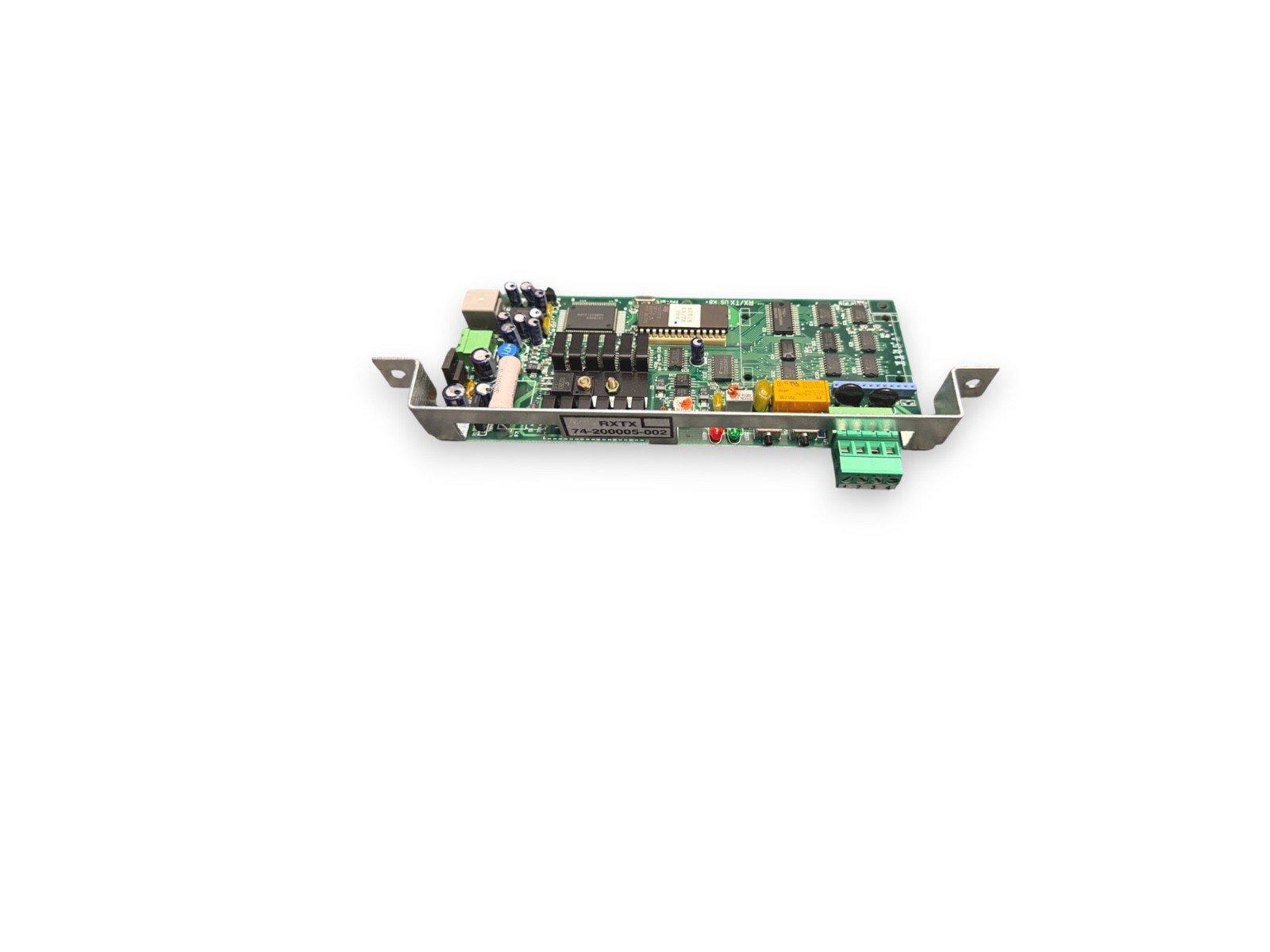 Fire alarm control panel circuit board with RX/TX ports and mounting brackets