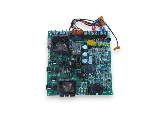 Fire alarm control panel circuit board with connectors and components for fire safety systems