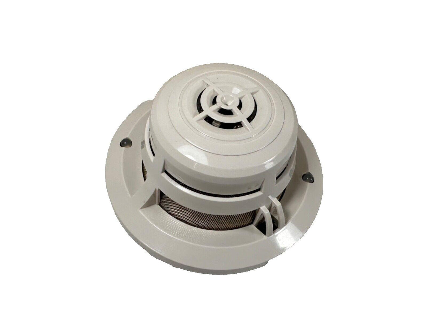White ceiling-mounted fire alarm detector with mesh grille and mounting base