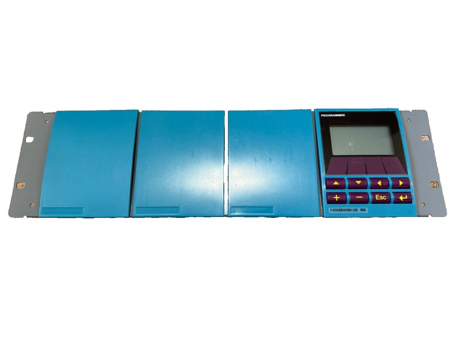 Blue fire alarm programmer panel with keypad and LCD screen for system configuration