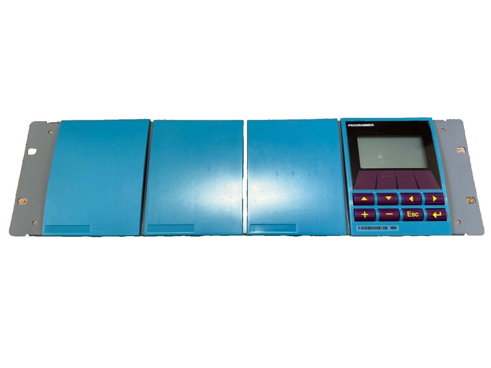 Blue fire alarm programmer panel with keypad and LCD screen for system configuration