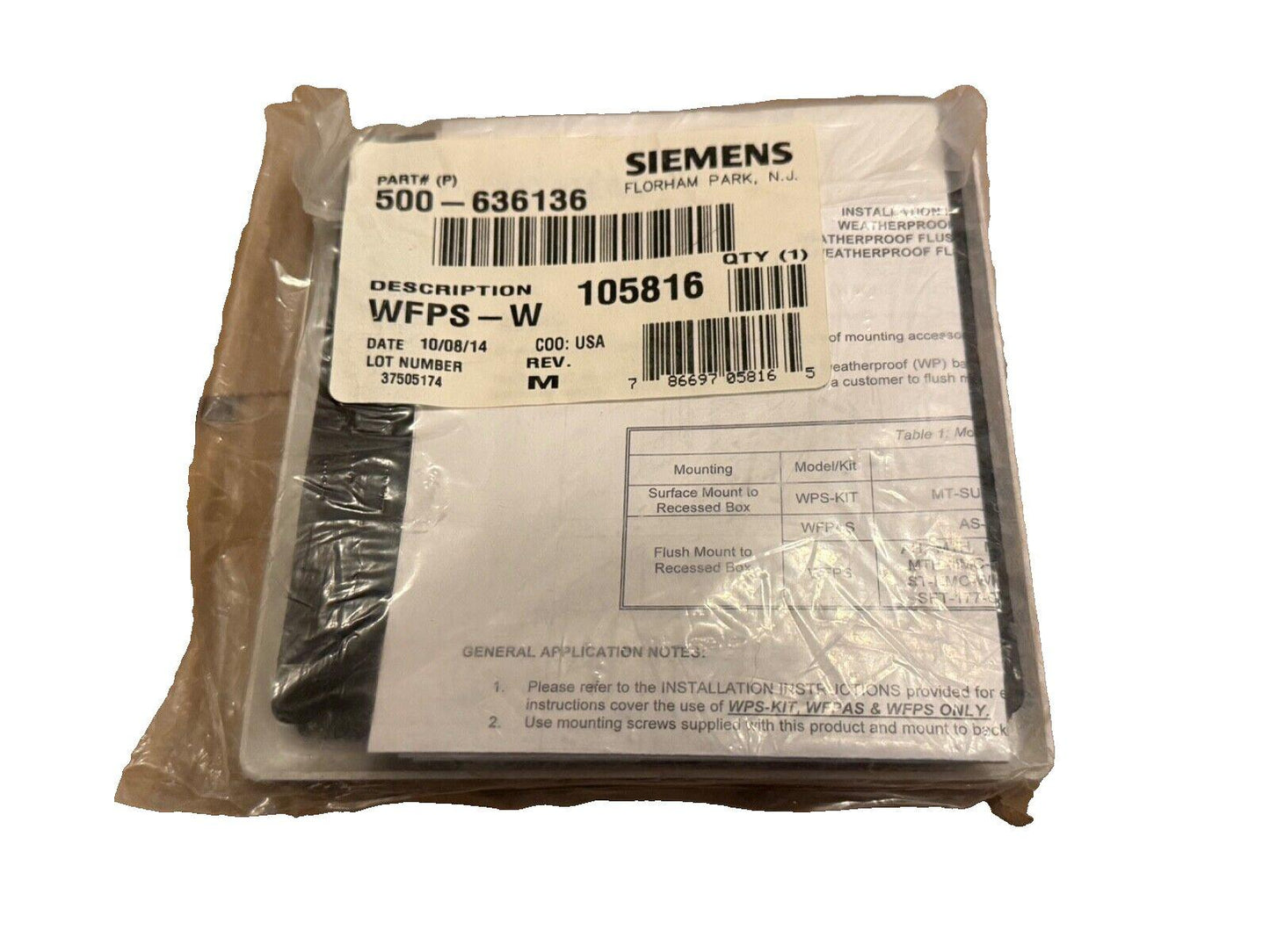 Siemens WFPS-W weatherproof fire alarm accessory, part #500-636136, sealed in packaging for installation