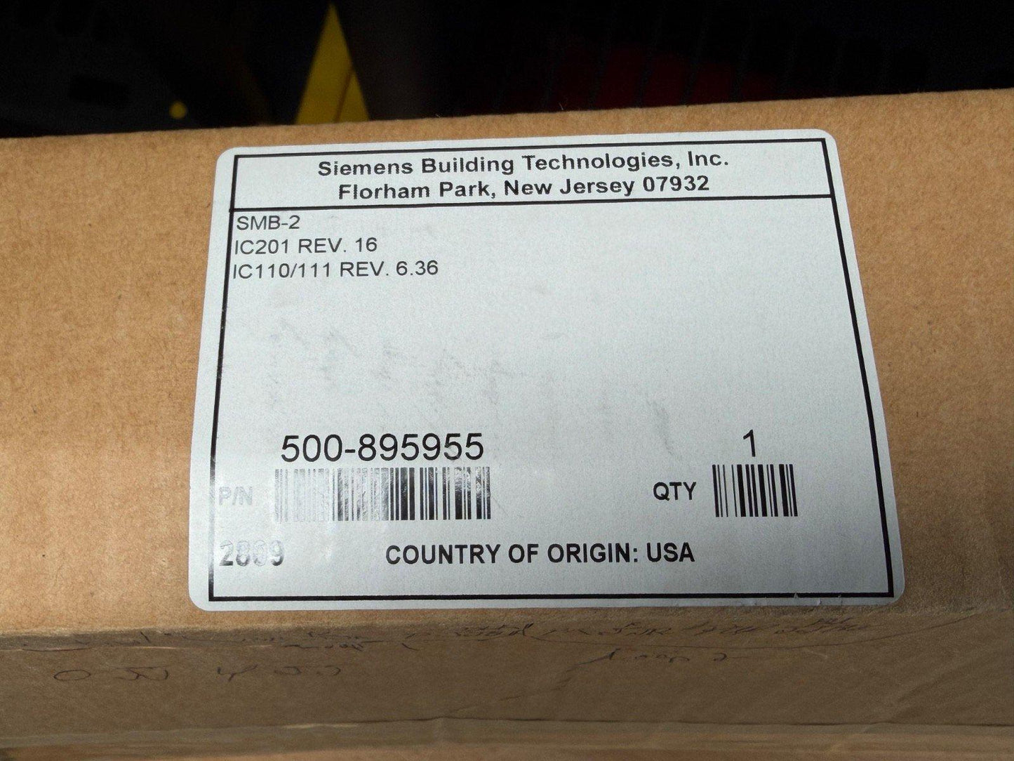 Siemens fire alarm equipment label, model SMB-2, made in USA, part number 500-895955