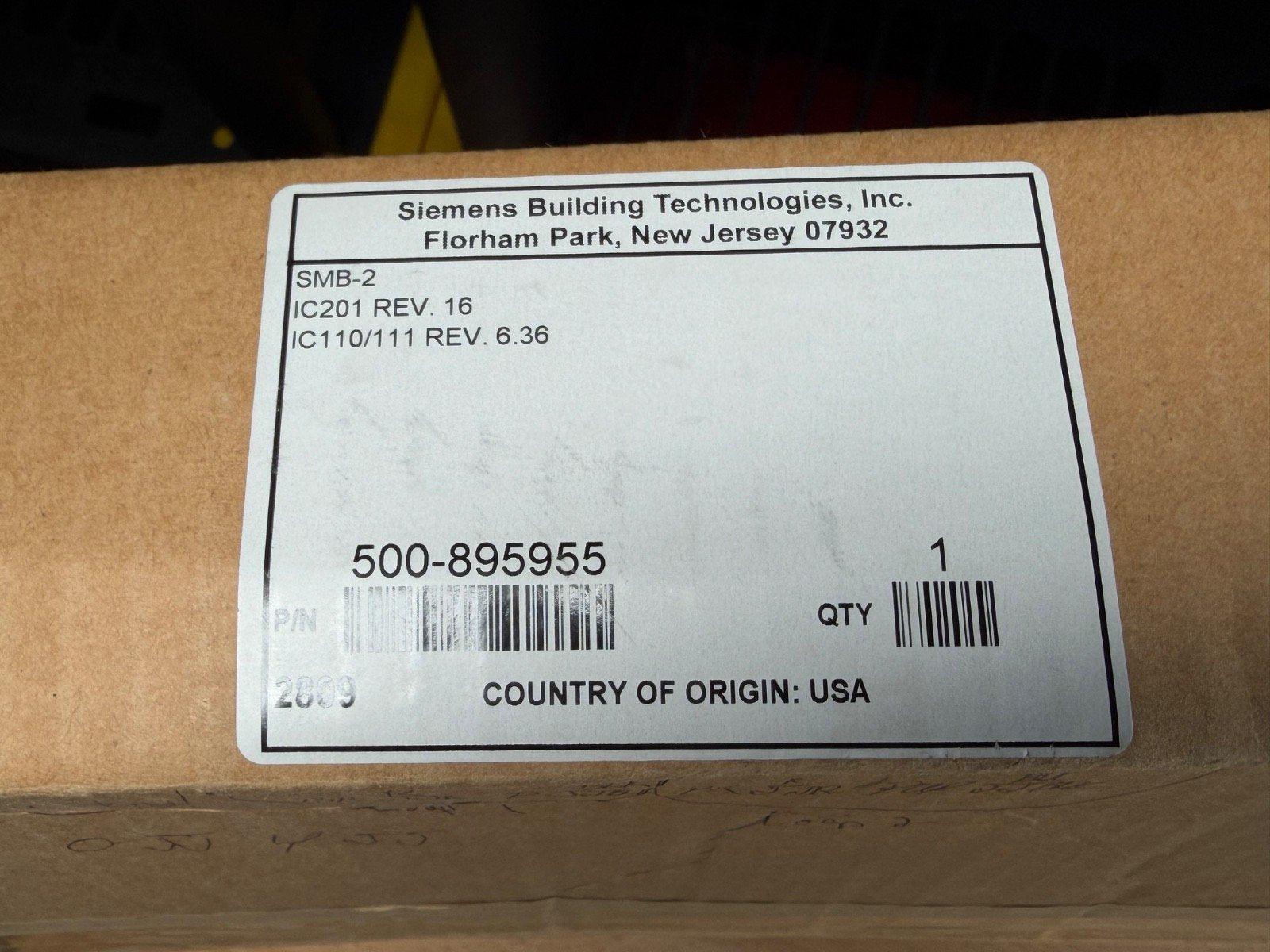 Siemens fire alarm equipment label, model SMB-2, made in USA, part number 500-895955