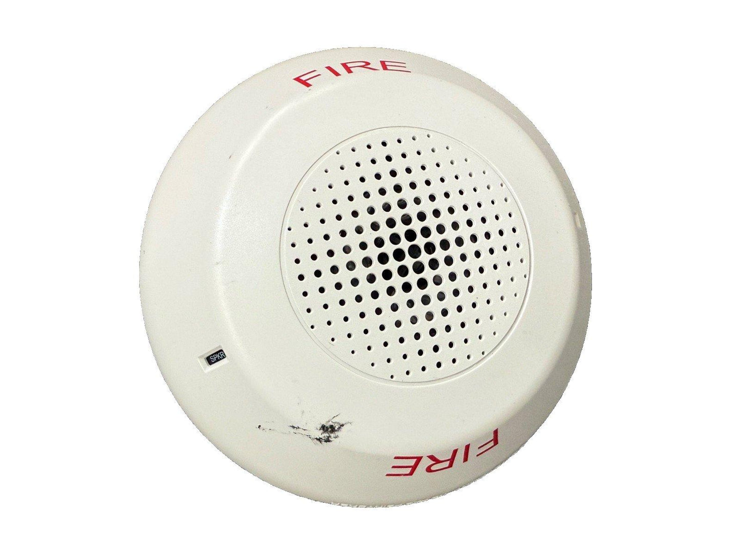 White fire alarm speaker with red FIRE label and perforated grille for emergency alert systems