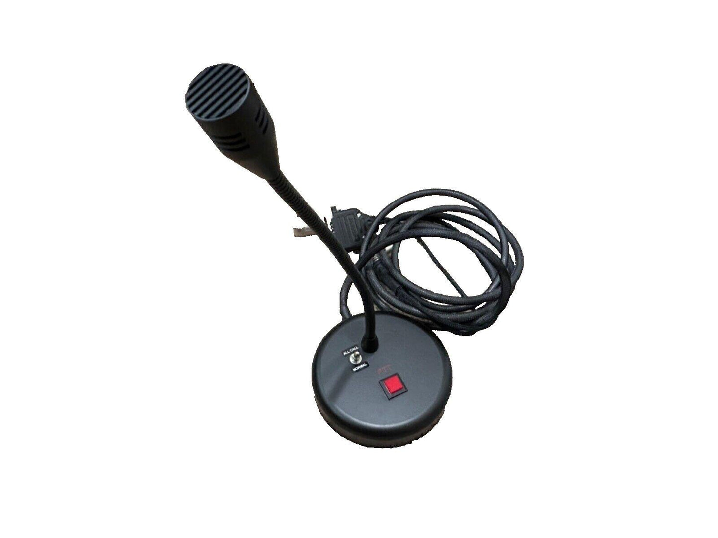 Black fire alarm microphone with red PTT button and coiled cable for emergency communication systems