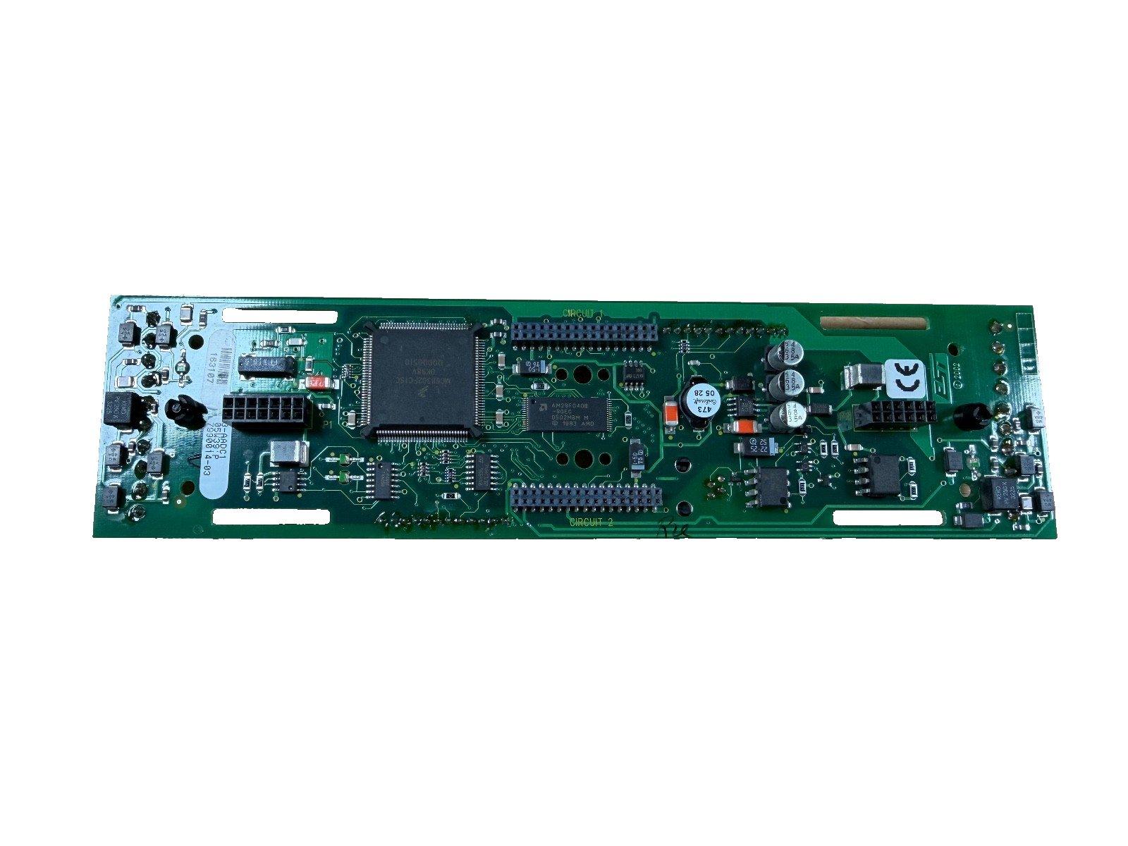 Fire alarm control panel circuit board with microchips and connectors for fire safety systems
