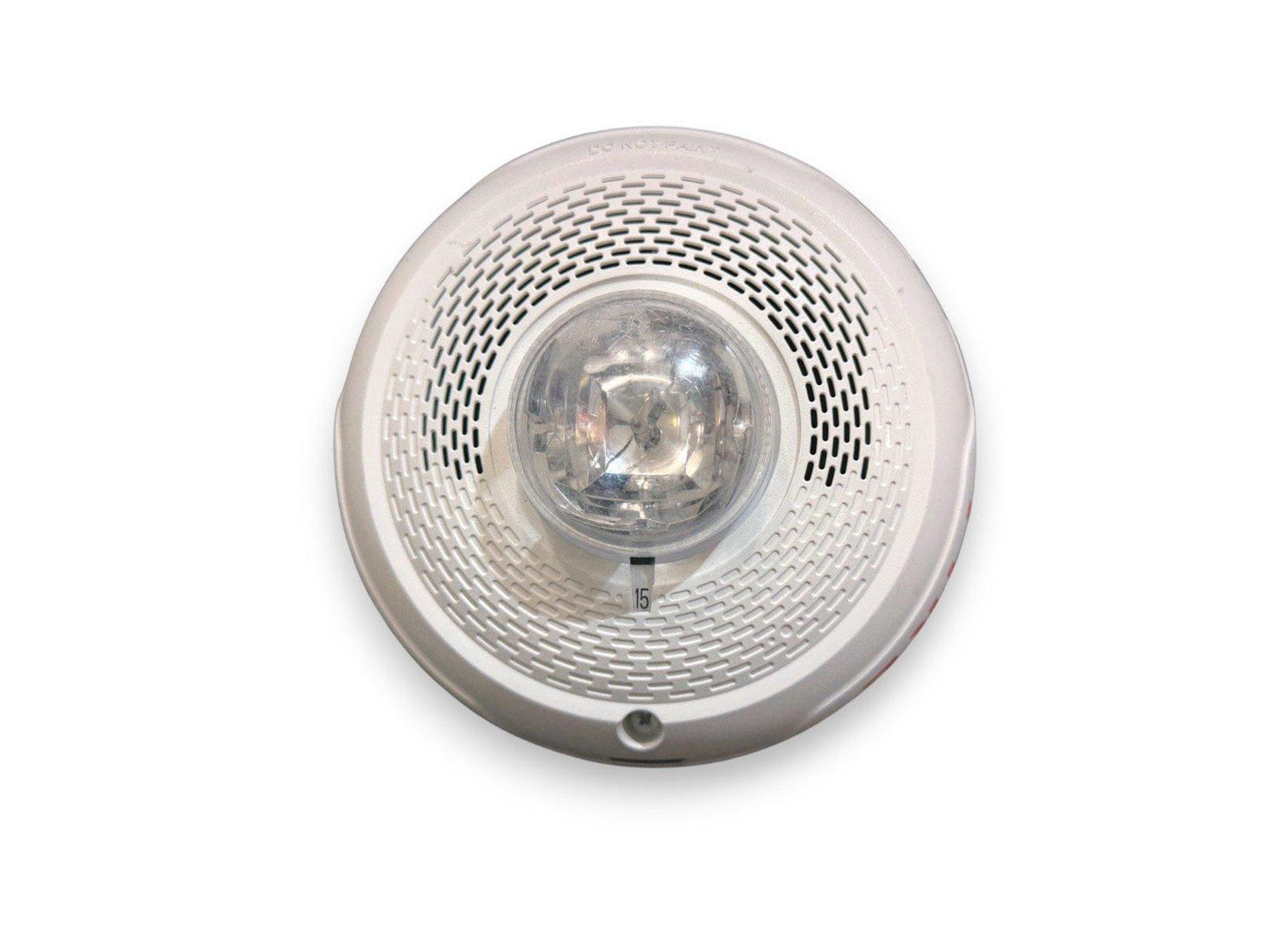White fire alarm strobe light with speaker grille, ceiling-mounted safety device for emergency alerts