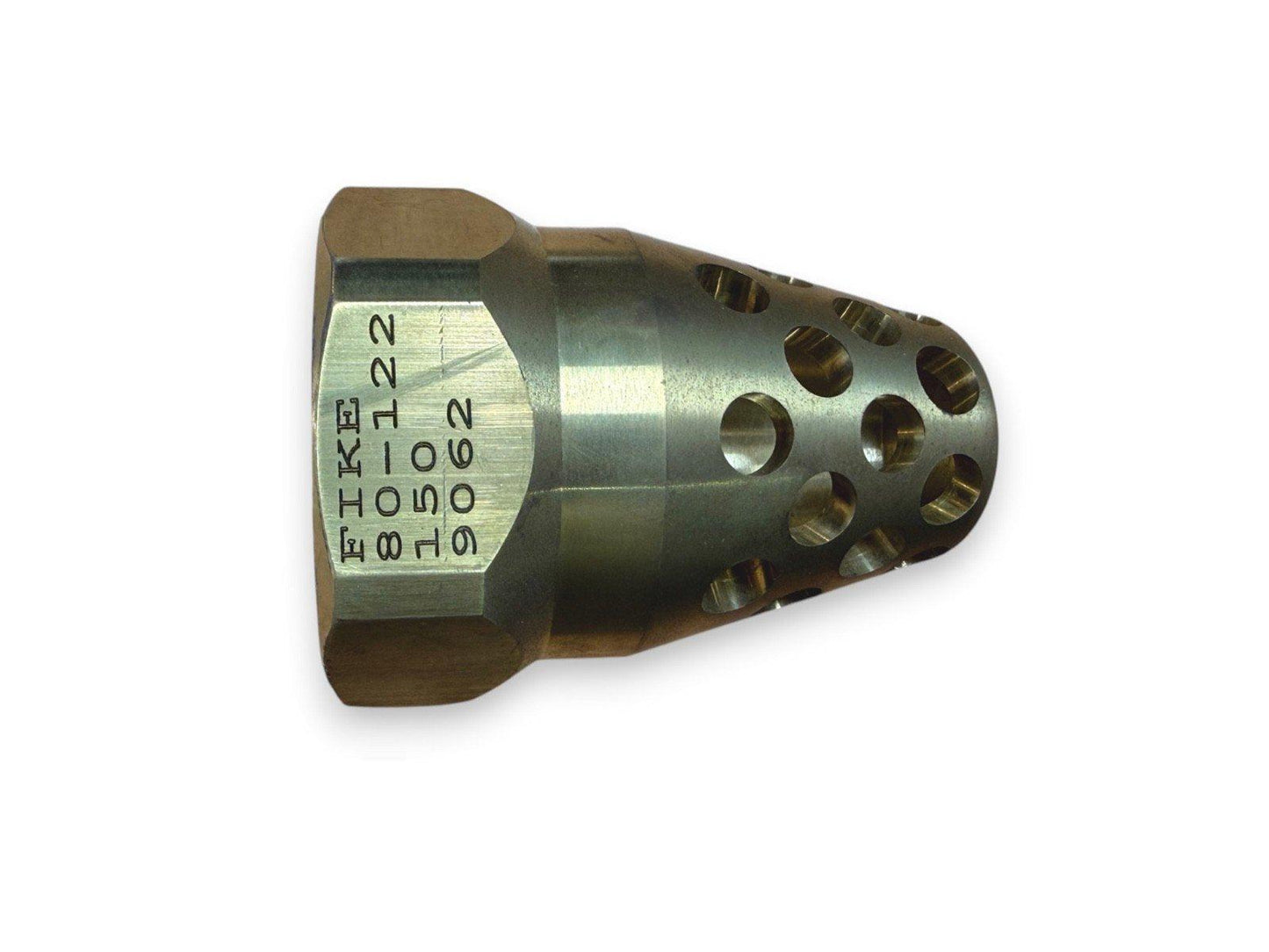 Brass fire alarm detector base with perforated housing and engraved model number