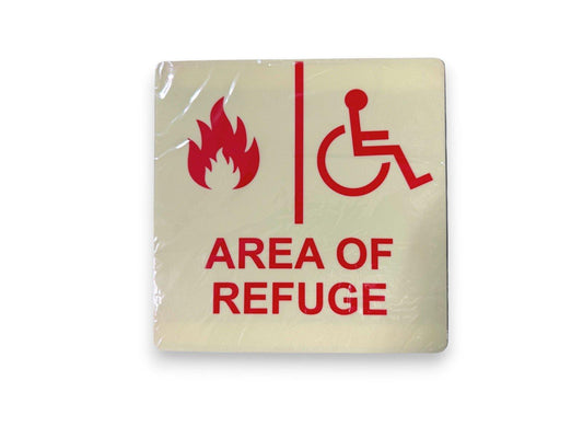 Area of Refuge sign with fire and wheelchair symbols for fire safety and accessibility